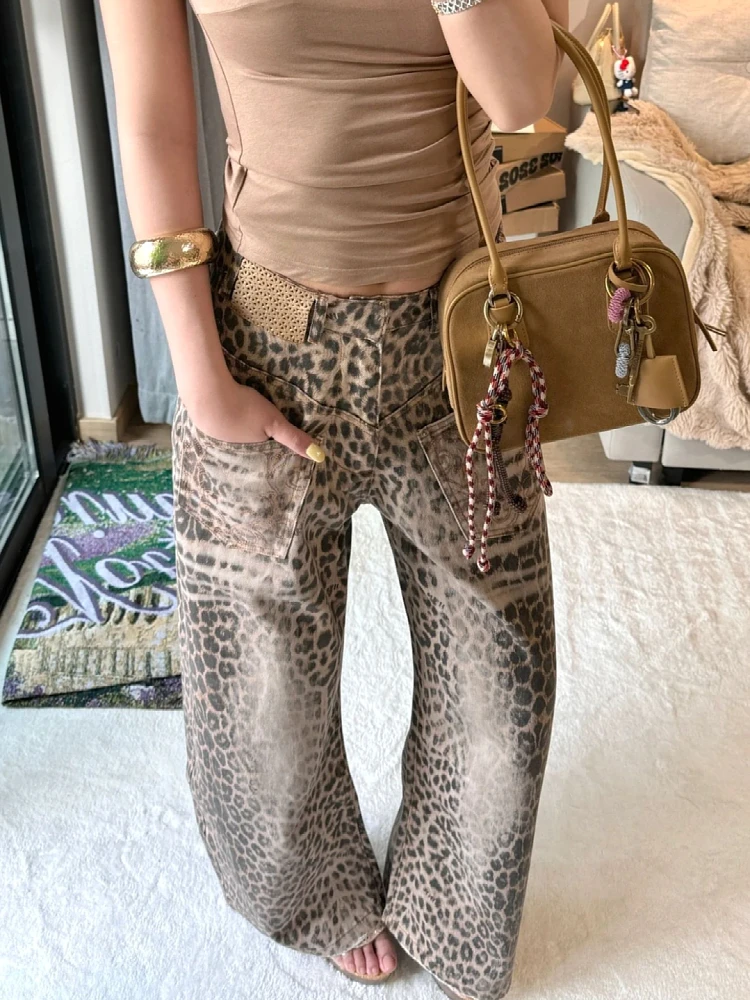 

Ретро-джинсы американского стиля большого размера с вышивкой и леопардовым принтом, женские свободные драпированные длинные брюки с разрезами, уличный стиль, осень