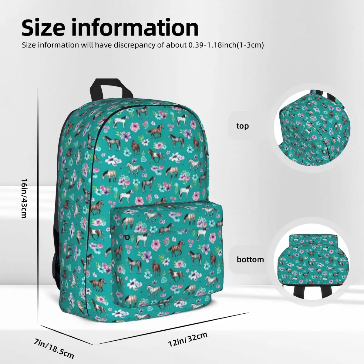 Cavalli e fiori su Teal, stampa cavallo turchese, arte del cavallo, zaini Cowgirl Boy Girl Bookbag borsa a tracolla da viaggio zaino