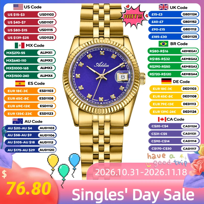 ADDIES Fashion Watch Lady AW25915 Ronda 585 Quartz Movement Watch for Women Sapphire Glass Calendar Waterproof Luxury Watches