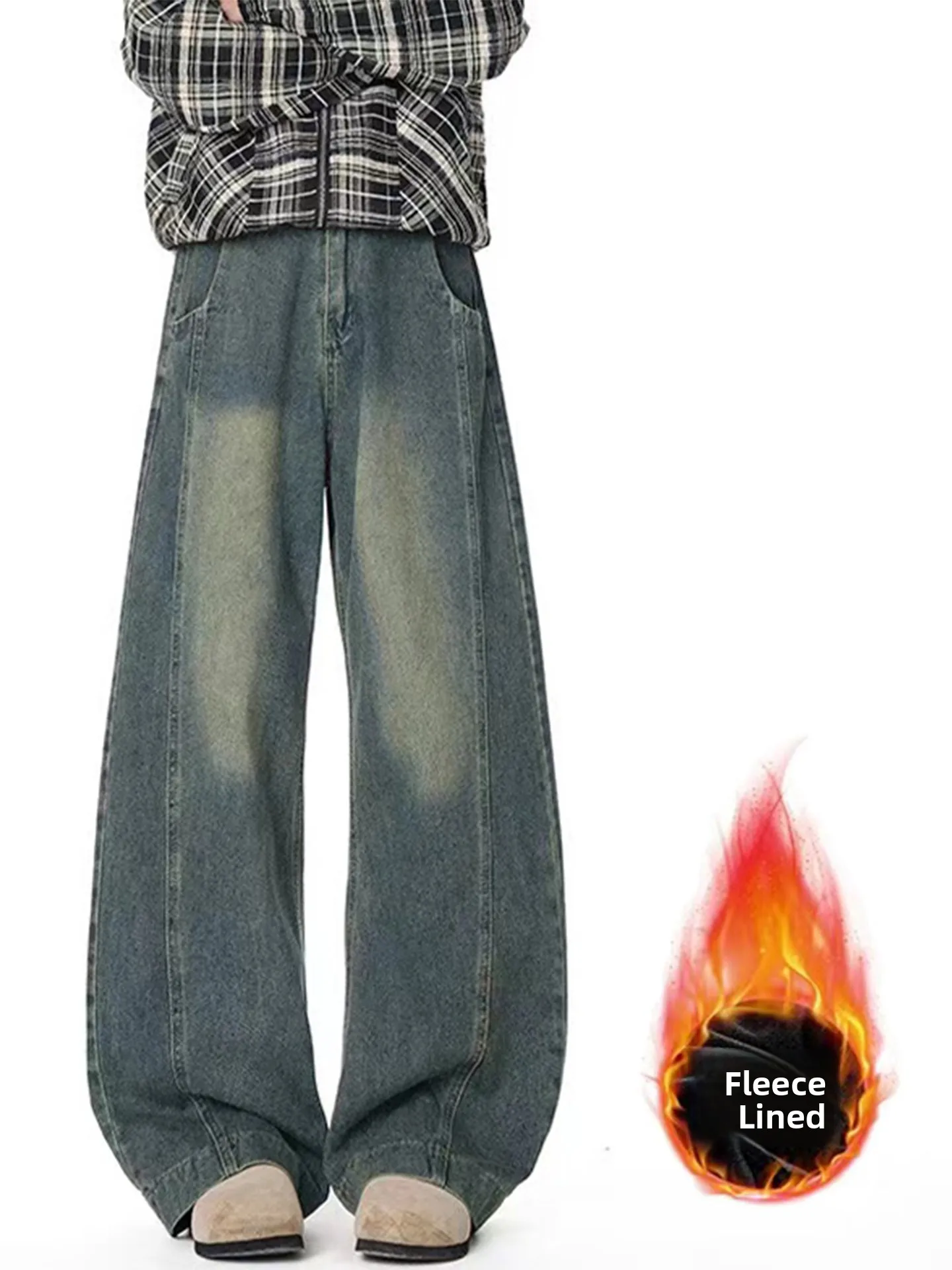 

Американские ретро-джинсы прямого кроя с утепленной флисовой подкладкой для мужчин, зимние теплые свободные джинсовые брюки с дизайнерским узором