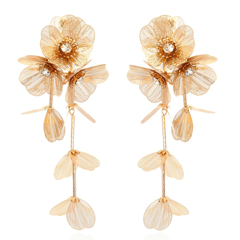 ZAA Luxury Long Metal Flower Tassel Earrings Personality Temperament Golden Earrings Wholesale