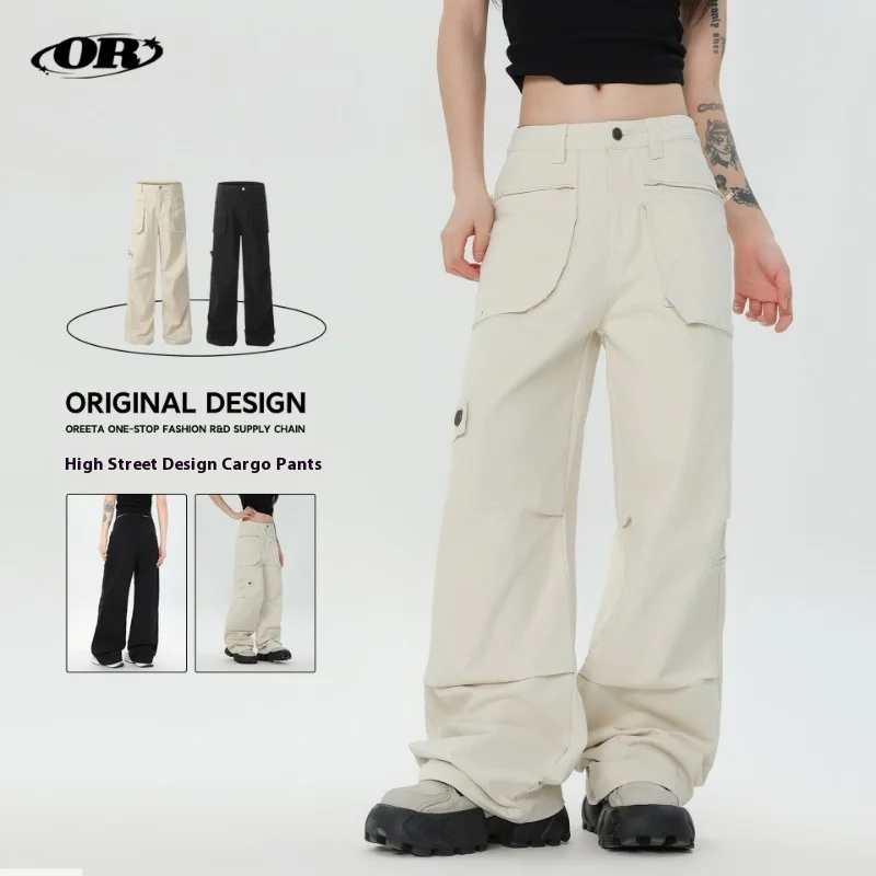 

OR FL Pleated Design Sense American Style 100 Cotton Women Cargo Trousers High Street Staraight Wide Leg Pants Women's Slacks