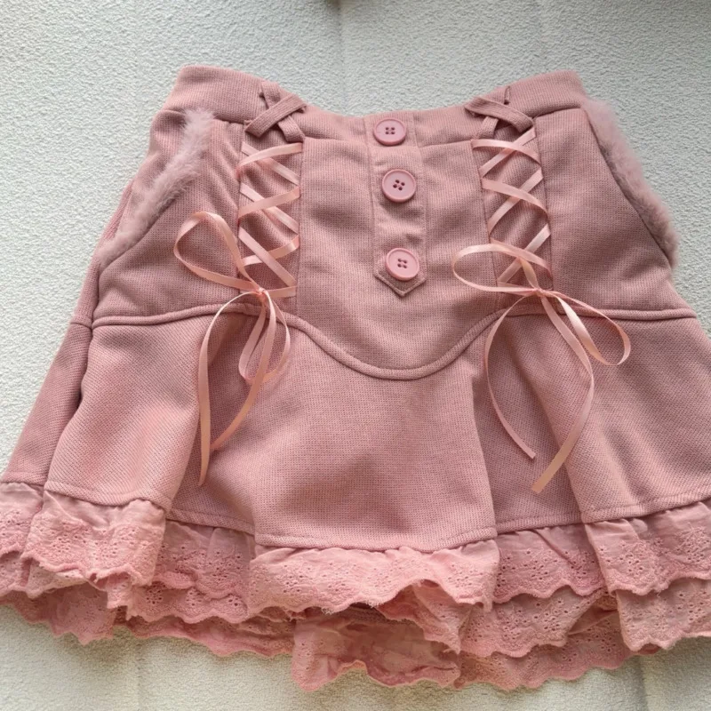 Falda de punto con lazo de felpa para mujer, moda coreana, Falda corta de Lolita rosa y blanca, Mini faldas Jk bonitas, ropa de moda