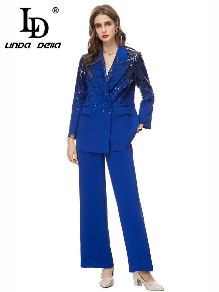 LD LINDA DELLA 2024 Autumn winter Luxury Elegant Western Suit Women Blue V-Neck Sequin Top+Button Straight Trouser 2 Pieces Set