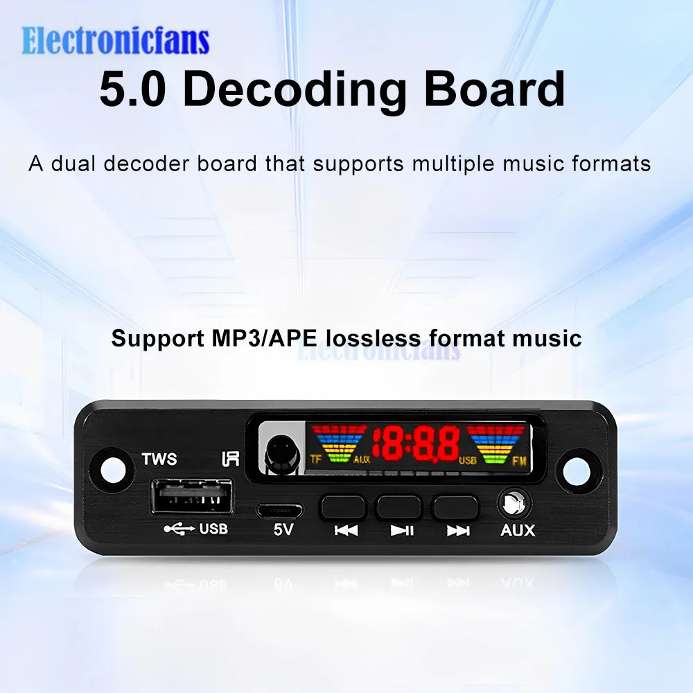 Audio Decode Board Car Music MP3 Decoder Board Bluetooth 5.0 Support AUX FM USB Hands-Free Calling Audio Player Module