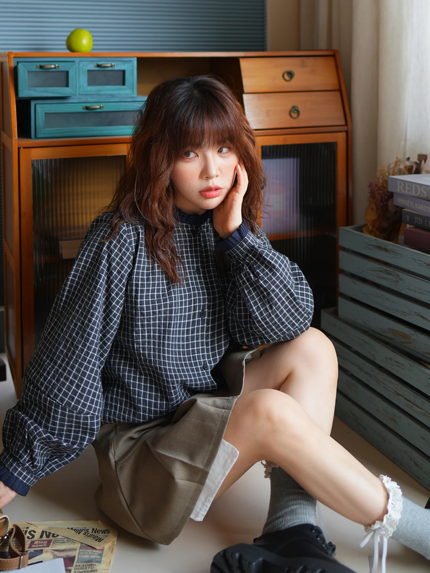 

Художественный повседневный клетчатый топ Long Sve irt, женский осенне-зимний дизайн, маленький размер, топ из полиэфирного волокна, свободный крой, собранный...