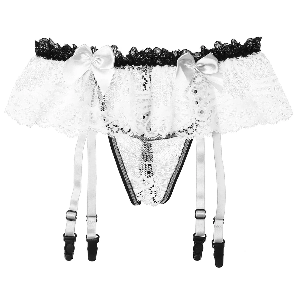 ملابس داخلية للرجال المثليين مع فيونكة من الدانتيل ملابس داخلية سيسي على شكل حرف G بدون أكمام للنساء على شكل حرف T من الخلف مع حزام رباط ثونج #4