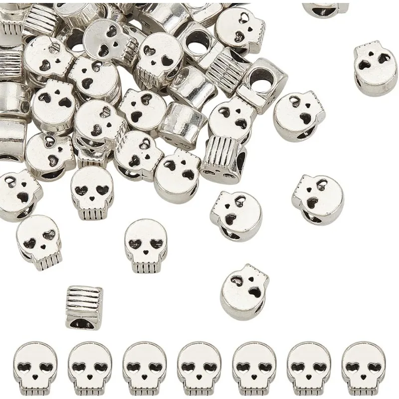 60 Pcs Alloy Skull Beads Antique Silver Punk Retro Flat Skull Bead Large Hole Bead Loose Spacer Bead Tibetan Style European Bead