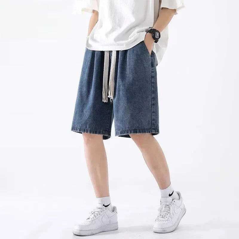 Men Loose Fit Denim Shorts Male Summer Fashion New Casual Straight Leg Five Quarter Pants High Street Wide Leg Baggy Pants