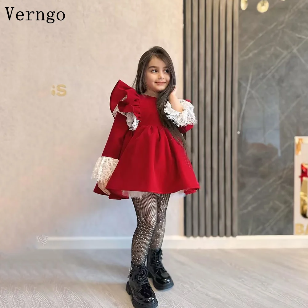 

Verngo Red Velvet Girl Flowers Dress High Neck Full Sleeves A line Ball Gowns Princess Lace Prom Party Gown Celebrity Customized