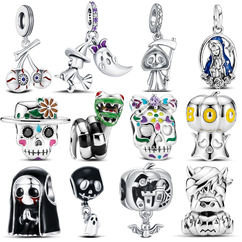 2026 Neu 925 Sterling Silber Anhänger Kürbis Sandwurm Perle Sensenmann Gotischer Stil Halloween Trendiges Geschenk für Frauen
