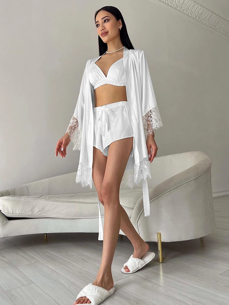 Hiloc Elegant White Satin Belt Robe Pajamas 3 Pieces Sets Summer Solid Sexy Bra Sleepwear 2024 Lace-Up Shorts Suits Night Wears