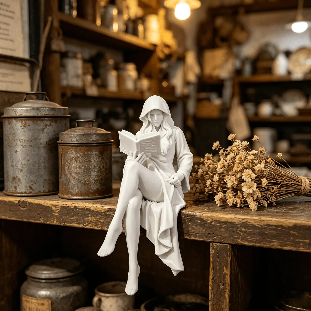 Reading Witch Lady Statue 3D Printing Book Reader Sitting Posture Figurine Vintage Ornaments Fireplace Bookshelf Desk Home Decor