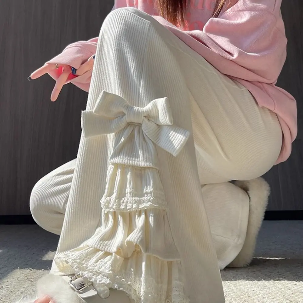 Fashion Young Women Corduroy Micro Flared Pants Baggy High Waist Wide Leg Trousers Casual Sweet Lace Bow Flared Pants Lady