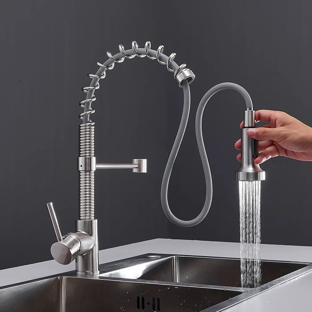 Spring Pull Out Kitchen Faucet  Nickel Pull Down Kitchen Sink Faucet luxury Hot & Cold Total Brass Kitchen Mixer tap