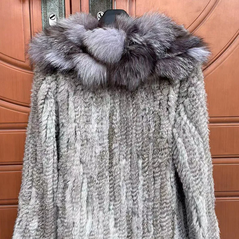 2023 New Women Knitted Real Rabbit Fur Coat With Real Fox Fur Collar Female Long Sleeve Autumn Luxury Genuine Rabbit Fur Jacket