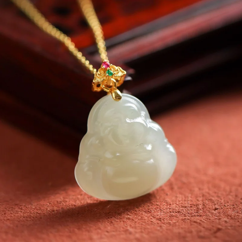

Sterling Silver Gold Plated Hetian Gray Jade Buddha Pendant Necklace
