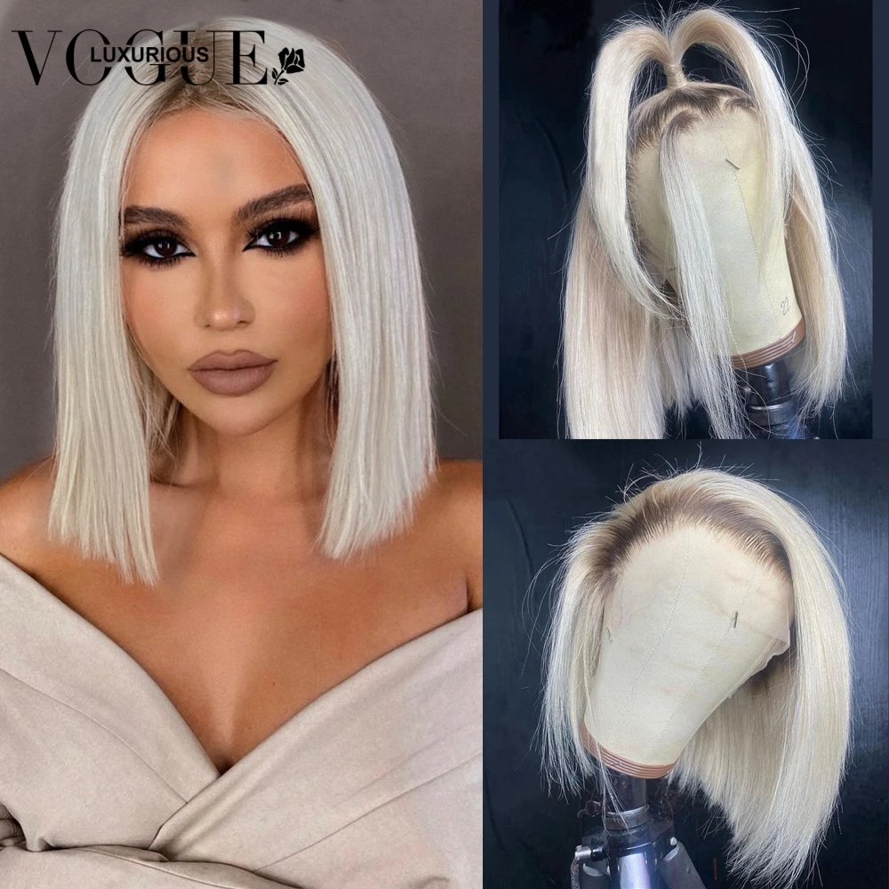 Cream Platinum Blonde 13X4 Lace Front Short Bob Remy Human Hair Wig Preplucked Transparent Pixie Cut 200% Lace Frontal Wigs