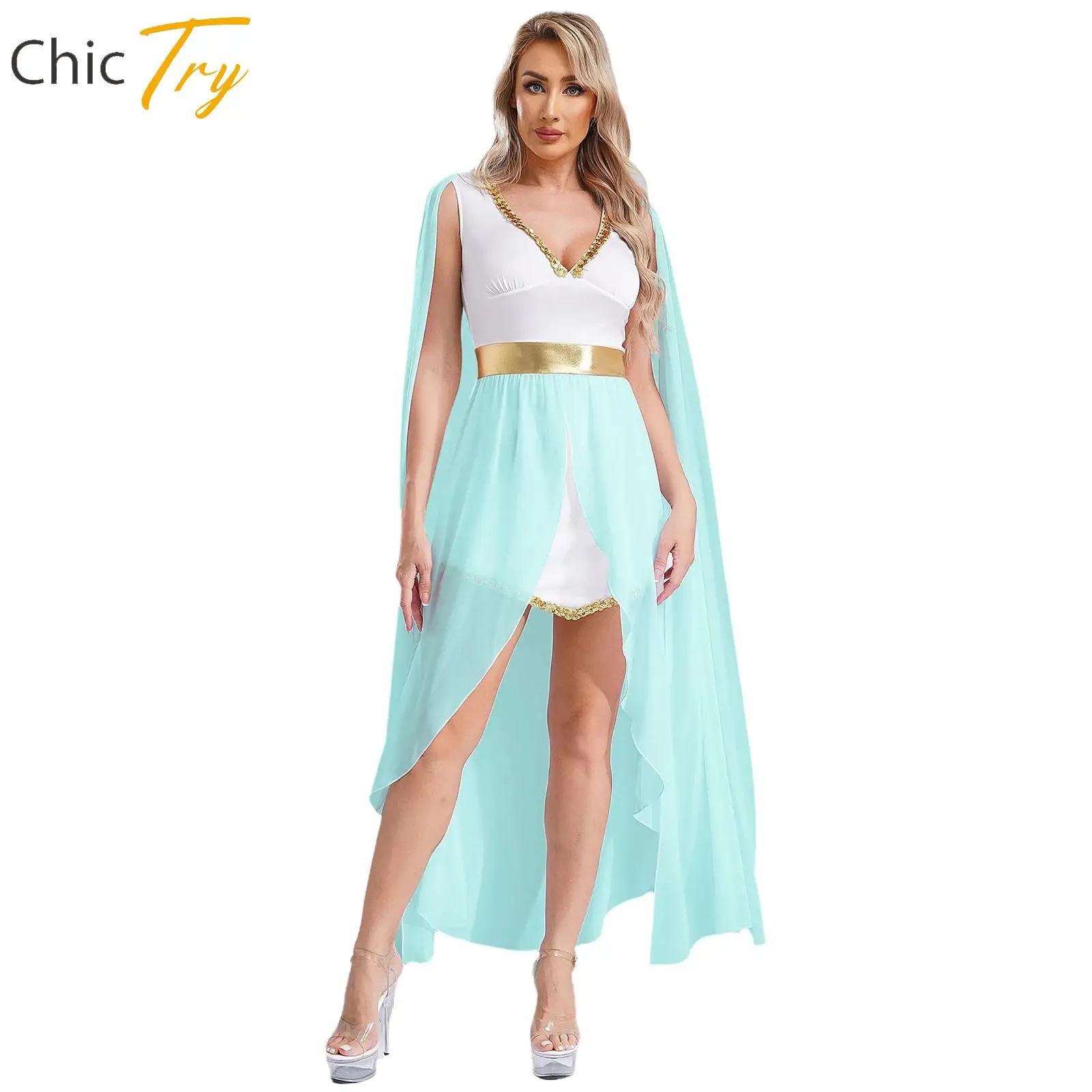 

Halloween Ancient Greek Princess Costume Women Athena Goddesses Princess Queen Cosplay Costumes Dresses Cape Sleeve Sequin Dress