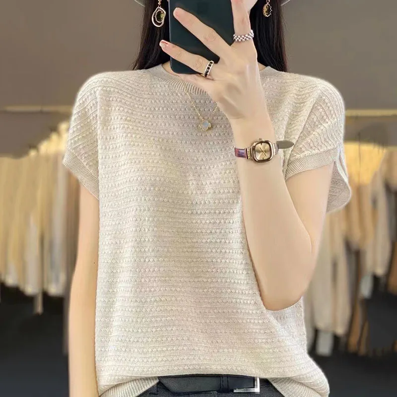 Summer New Knitted Short-Sleeved Blouse Bat Shirt Loose T-shirt First-Line High-End New Design Short Sleeves