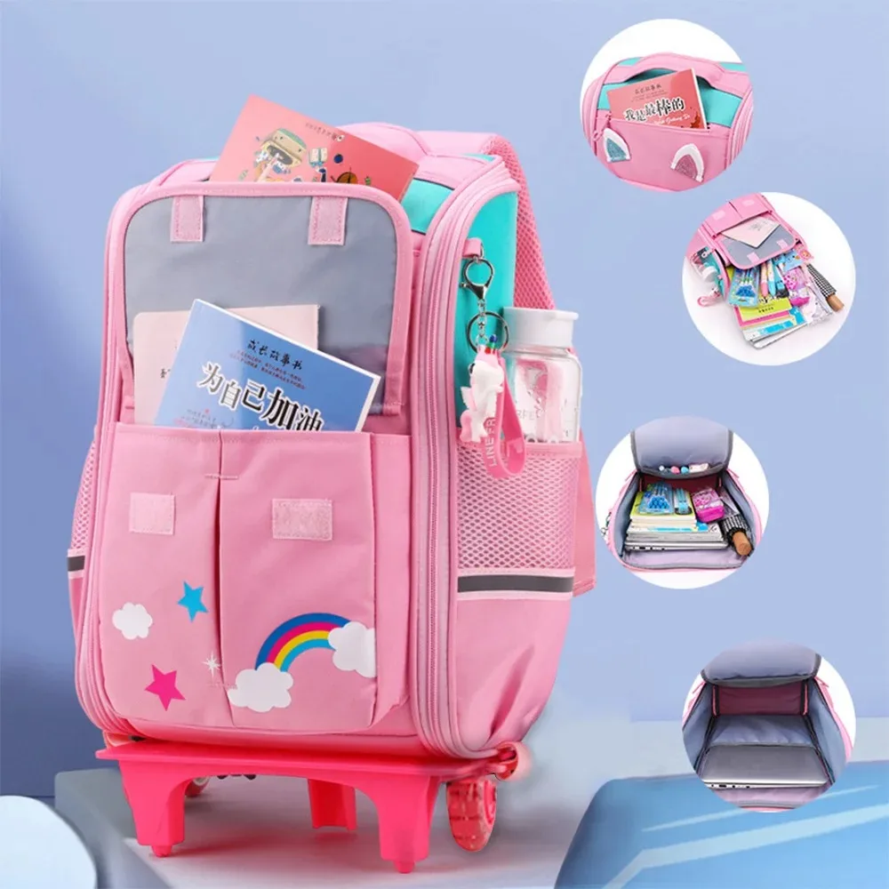 Mochila de rodas escolares dos desenhos animados para meninas, Mochila rolante para estudante com rodas, Mala de viagem infantil, Adolescentes