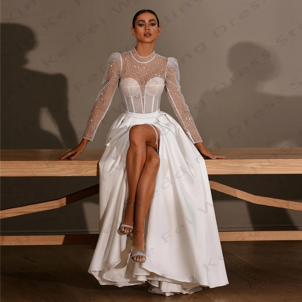 Gorgeous Women's Long sleeved Bridal Gown Glitter A-Line Princess Prom Wedding Dresses Formal Beach Party Vestidos De Novia Robe