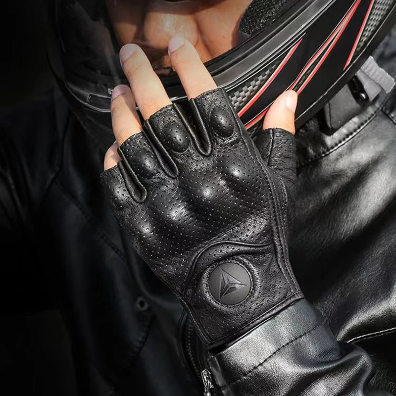 Summer Motorcycle Fingerless Gloves Accessories Goatskin Leather Half Finger Gloves Motocross Gant Moto Guantes Moto Verano view 2