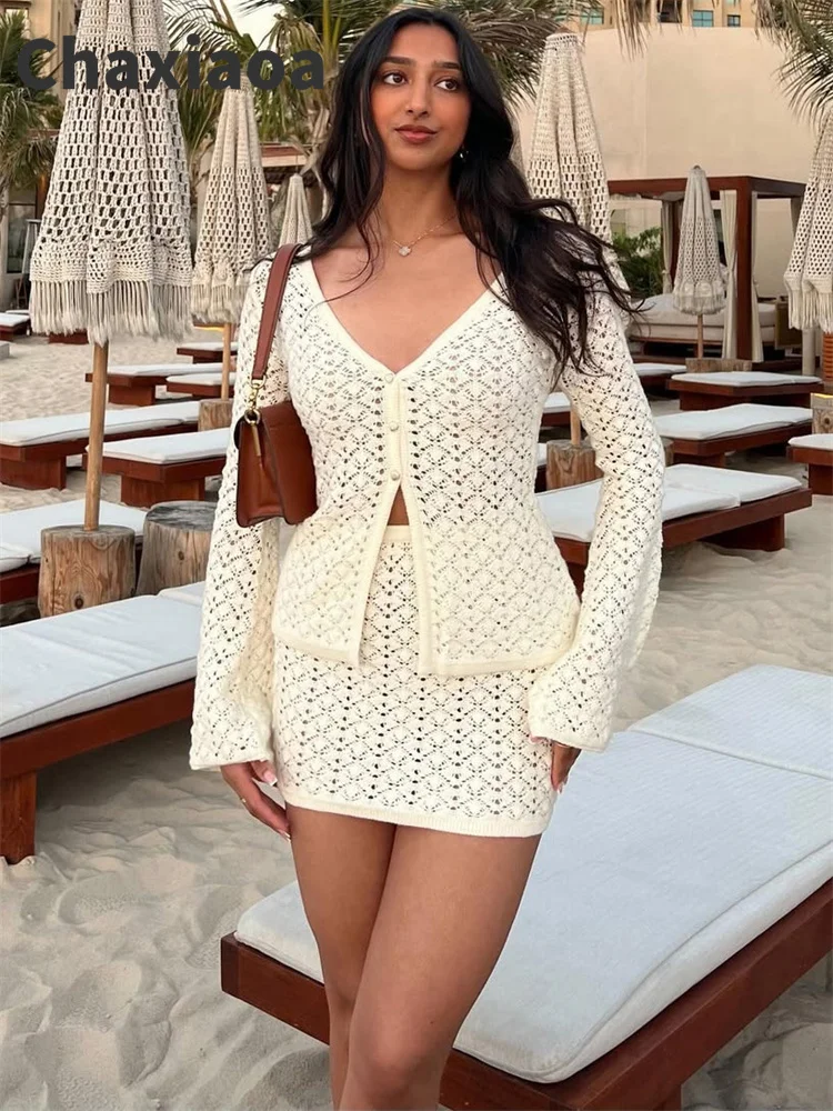 

Chaxiaoa вязаные комплекты из 2-х предметов с юбкой, женский кардиган с v-образным вырезом + мини-юбка с высокой талией, трикотаж, пляжная одежда