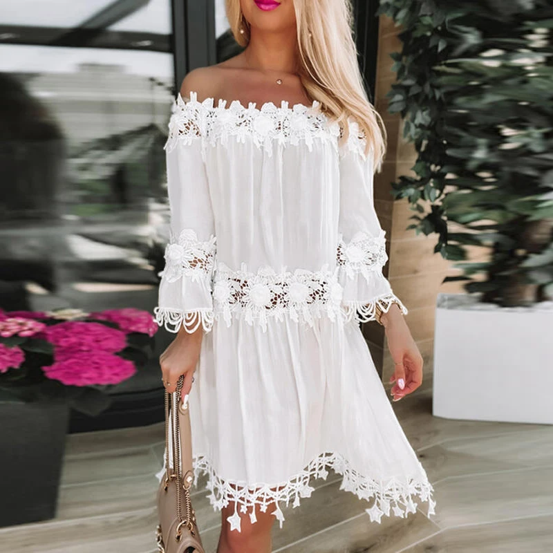 Elegant Off Shoulder Mini Dress Sexy Hollow Out Women Slash Neck Ruffle Party Dress Casual Fashion Flare Sleeve Lace White Dress