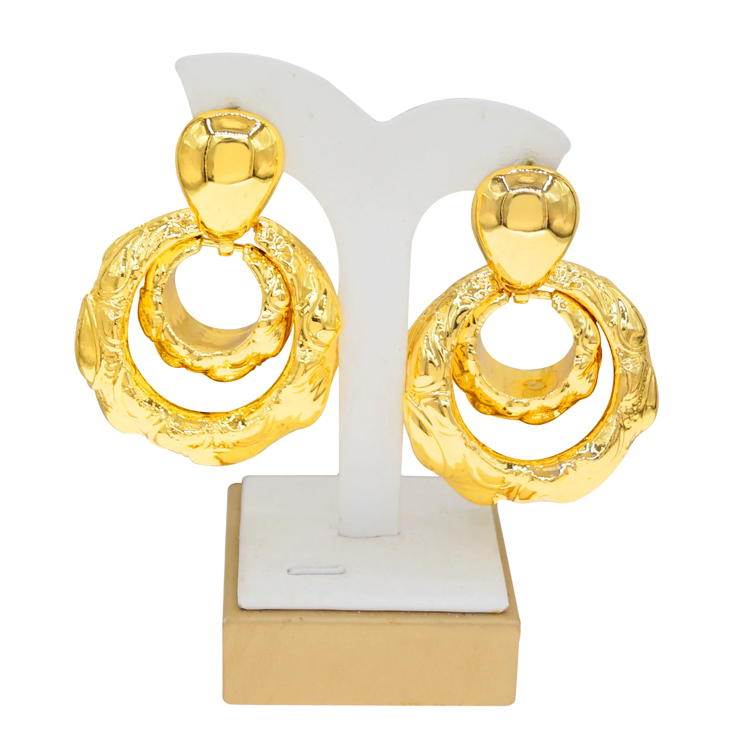 

Yulaili Big Size Light Weight Gold Plated Double Hoop Textured Drop Earrings Chic Elegant Party Wedding Fashion Jewelry EK145