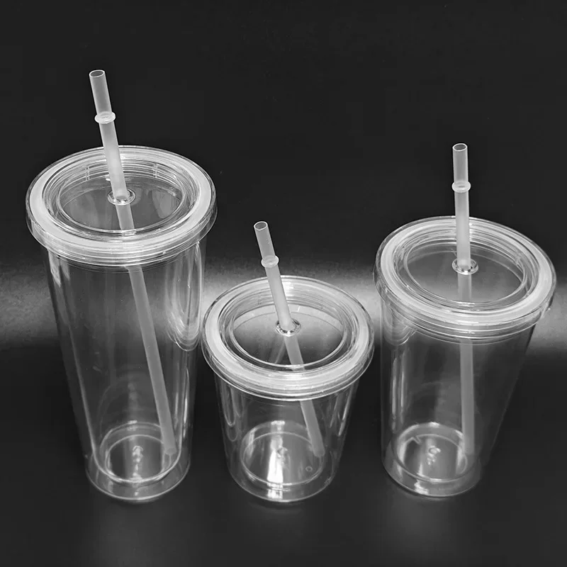 1pcs 450ml Double-walledIce PlasticIced Tumbler Cold Drink Travel Mug Coffee Juice Tea Cup With Straw Reusable Smoothie