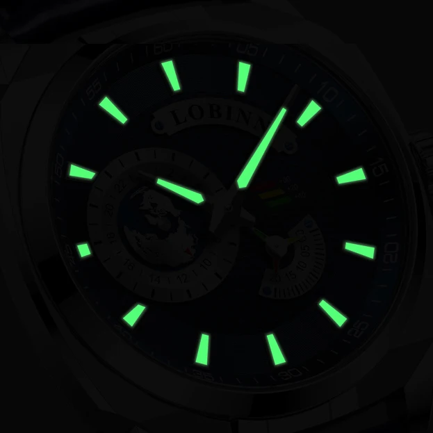 LOBINNI ساعات رجالي فاخرة 43 مللي متر ساعة أوتوماتيكية ميكانيكية ساعة اليد مقاوم للماء الياقوت مضيئة مربع حزام من الجلد