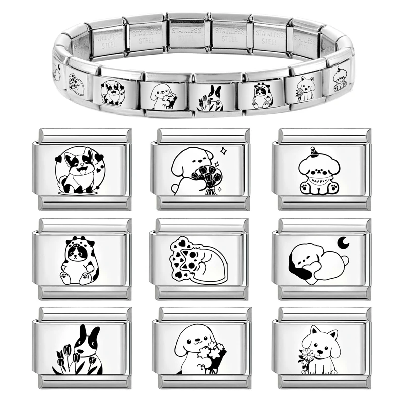 

2025 New Black Graffiti Cute Pet Dog Cat Italian Charm Links Fit 9mm Bracelet Stainless Steel DIY Making Jewelry Gift
