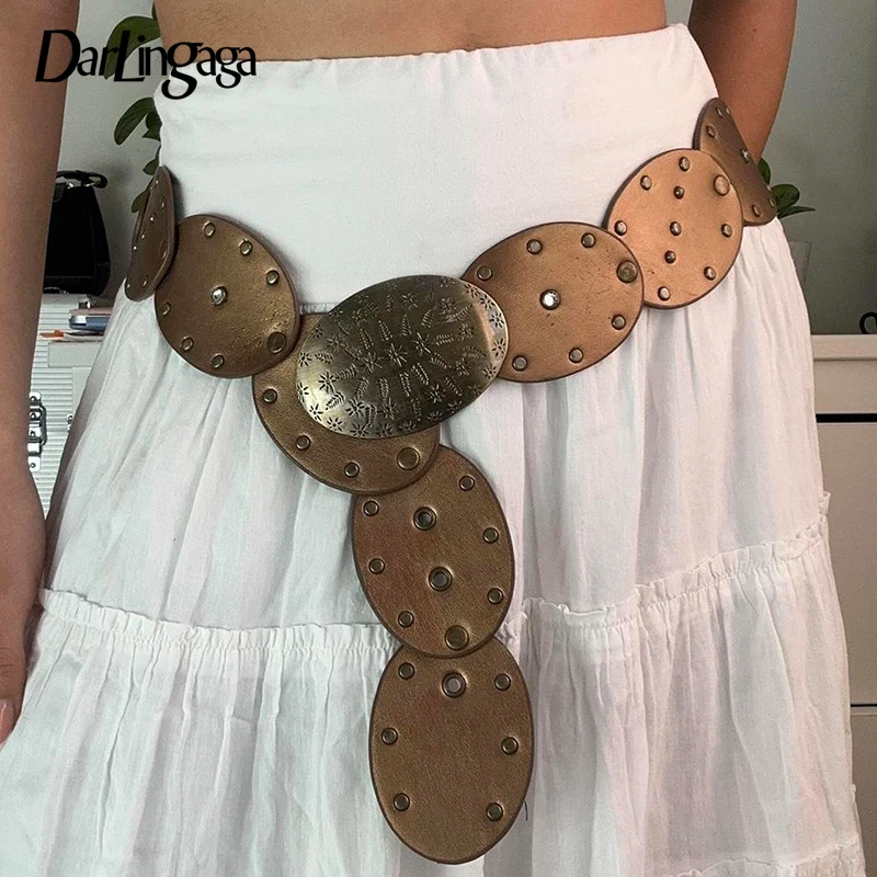 

Darlingaga Streetwear Grunge Fairycore Design Chic Women's Belt Vintage Y2K Accessories Waist Chain Leather Blets Wide Rivet New