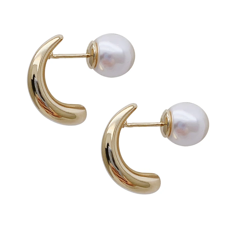 Curved Metal Water Drop Post Earrings For Women Imitation Pearl Fashion Jewelry Trendy Cute New Design Styles Gifts Party C1336