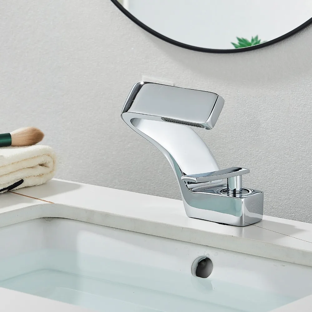 

Хромированный смеситель для раковины в ванной комнате с одной ручкой, водопад, смеситель для раковины, 1 отверстие