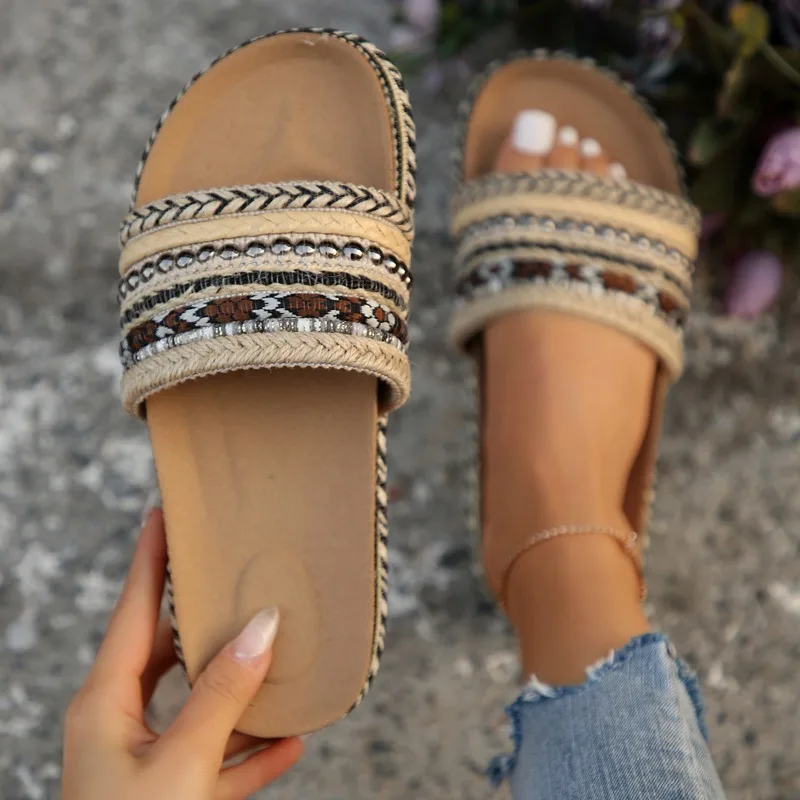 New Summer Ladies Slippers Outdoor Beach Sandals Bohemian Ethnic Style Handmade Espadrilles Platform Slippers Flip Flops Women