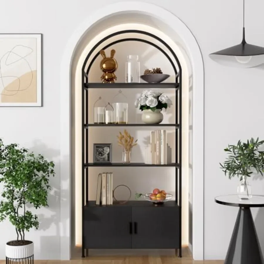 Arched bookshelf for living room, metal and E1 board, black, industrial style with sturdy frame and door storage