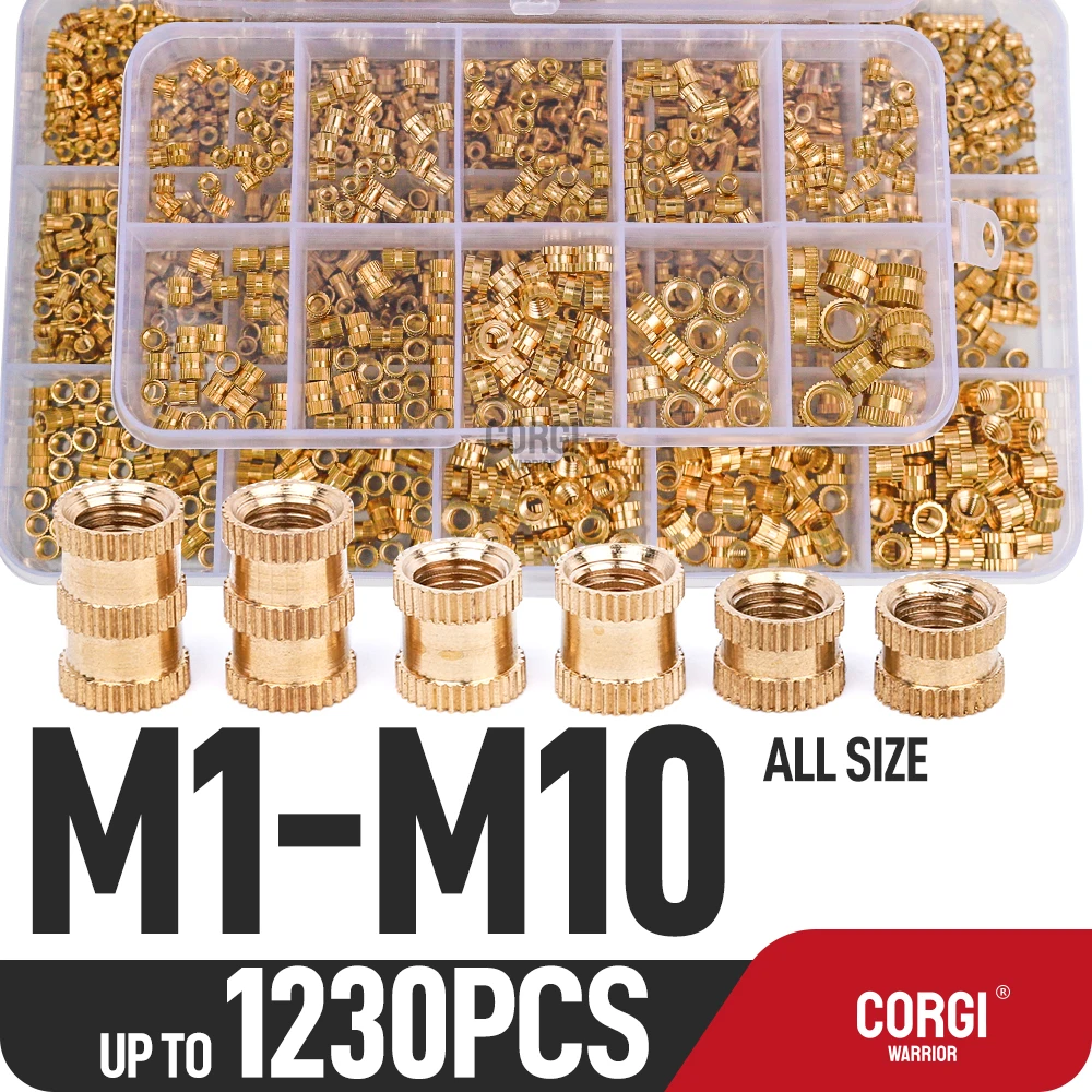 All Size 1230 Hot Melt Brass Insert Nut Assortment kit M1 M2 M2.5 M3 M4 M5 M6 M8 M10 Knurled Thread Injection Nut Inserts Kit