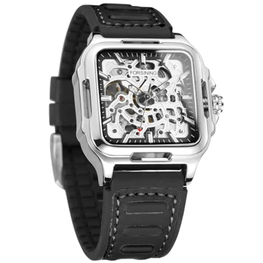 

Men's Waterproof Skeleton Stylish Watch Automatic Steampunk Self Winding Silicone Strap Luminous Square Wrist Watch