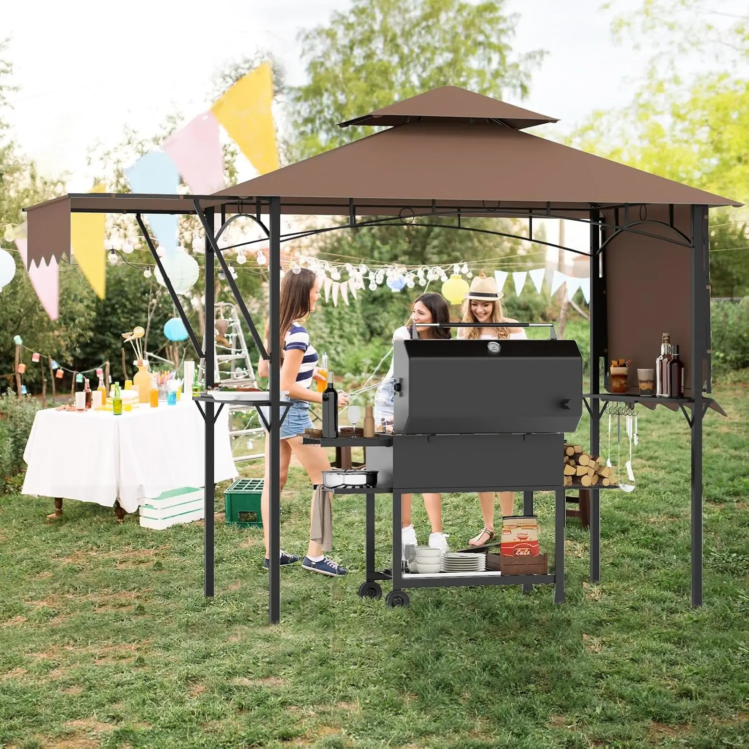 13x5 Ft Grill Gazebo with Dual Side Awnings, 2-Tier Barbecue Gazebo with 2 Shelves, 7 Hooks, Adjustable Shadow, Outdoor Grill