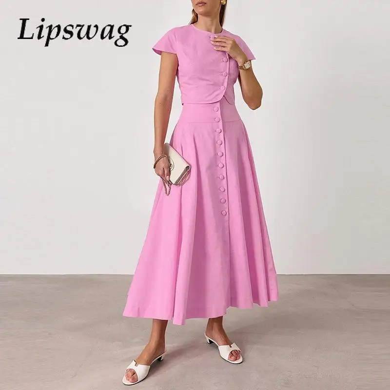 

Casual Short Sleeve Solid Party Sets Elegant O-neck Top and Long Skirts Outfits Women Fashion Button High Waist Two Piece Suits