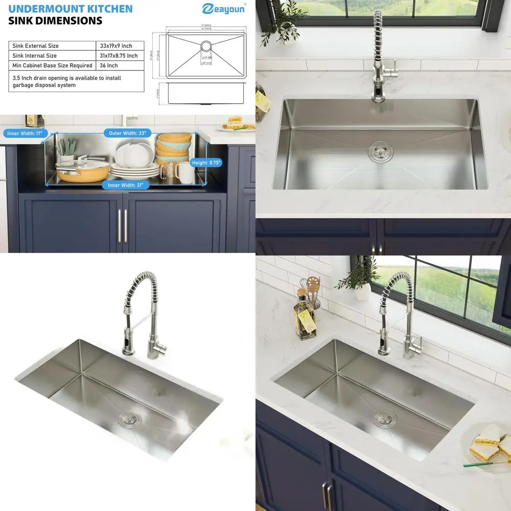 

Кухонная мойка глубокая одинарная, подстольная, 33x19x9 дюймов, нержавеющая сталь 16 калибра