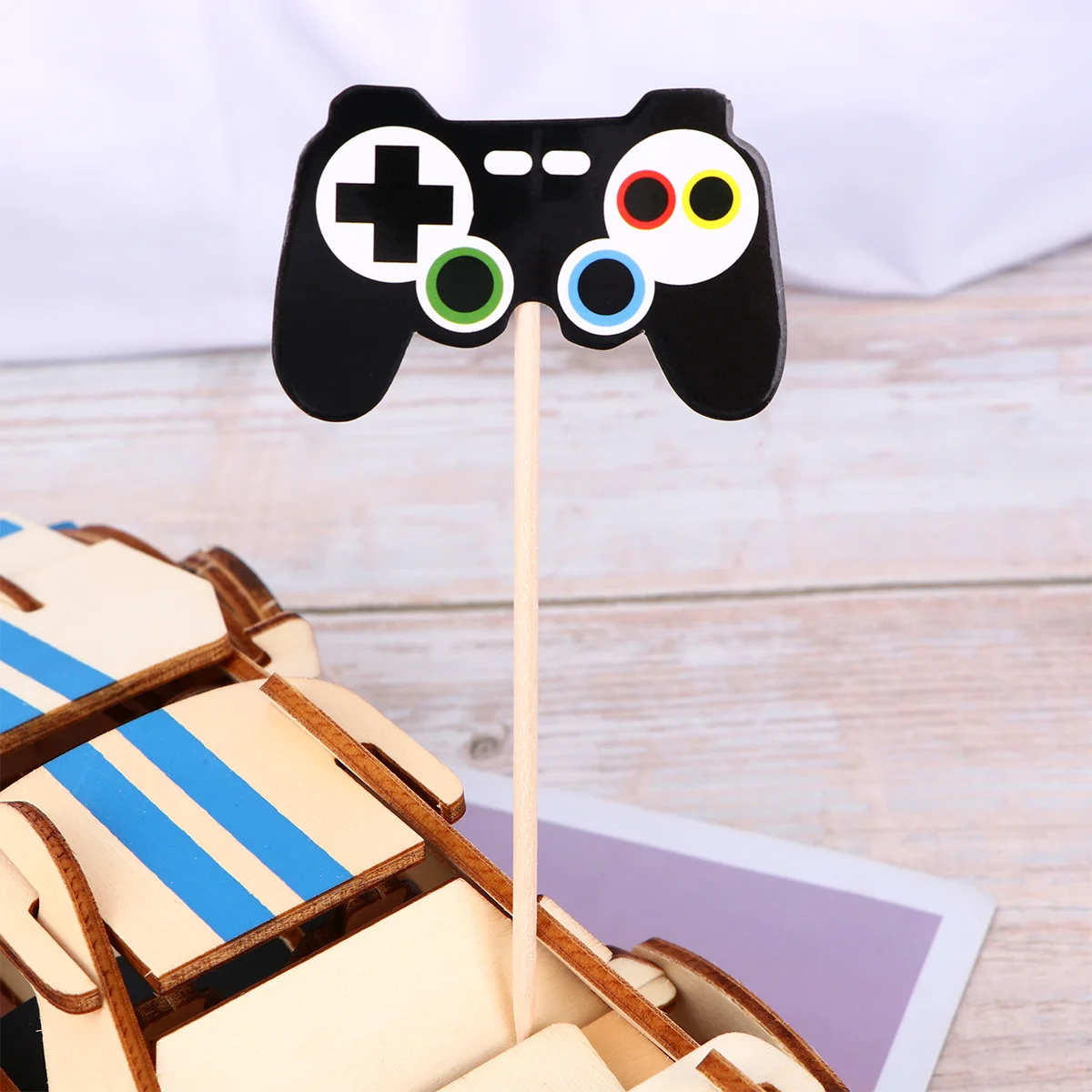 24 PCS Cake Inserts for Party Gamepad Picks Dessert Cards Children Appetizer Shaped Toppers Wooden