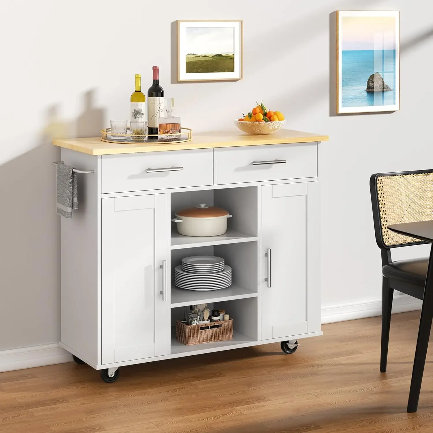 Kitchen Storage Island Cart with 3 Open Shelves, 2 Drawers, and 2 Cabinets on Wheels with Handle and Towel Rack in White