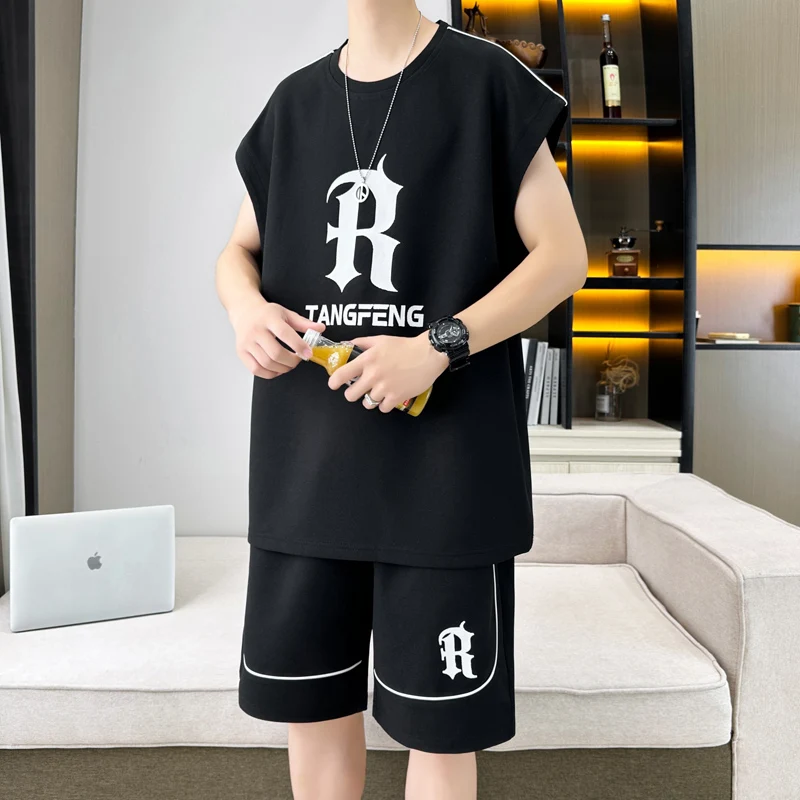 

Summer Thin ort Sve T-irt And Vest Set for Men Casual Sportswear Youth Polyester Fiber No Sve ort Pants Set