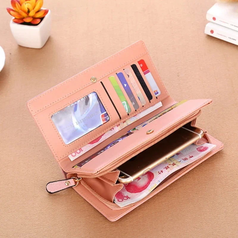 Fashion Women Long Thick Wallet Solid Color Clutch Large Capacity Rectangle Phone Pocket Money Bag Ladies PU Leather Coin Purse