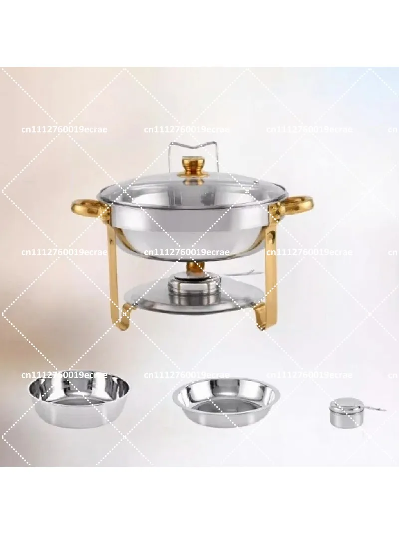 Stainless Steel Round Hot Pot Set with Glass Lid and Cover Rack, 5QT/4.5L Buffet Food Heater Tray