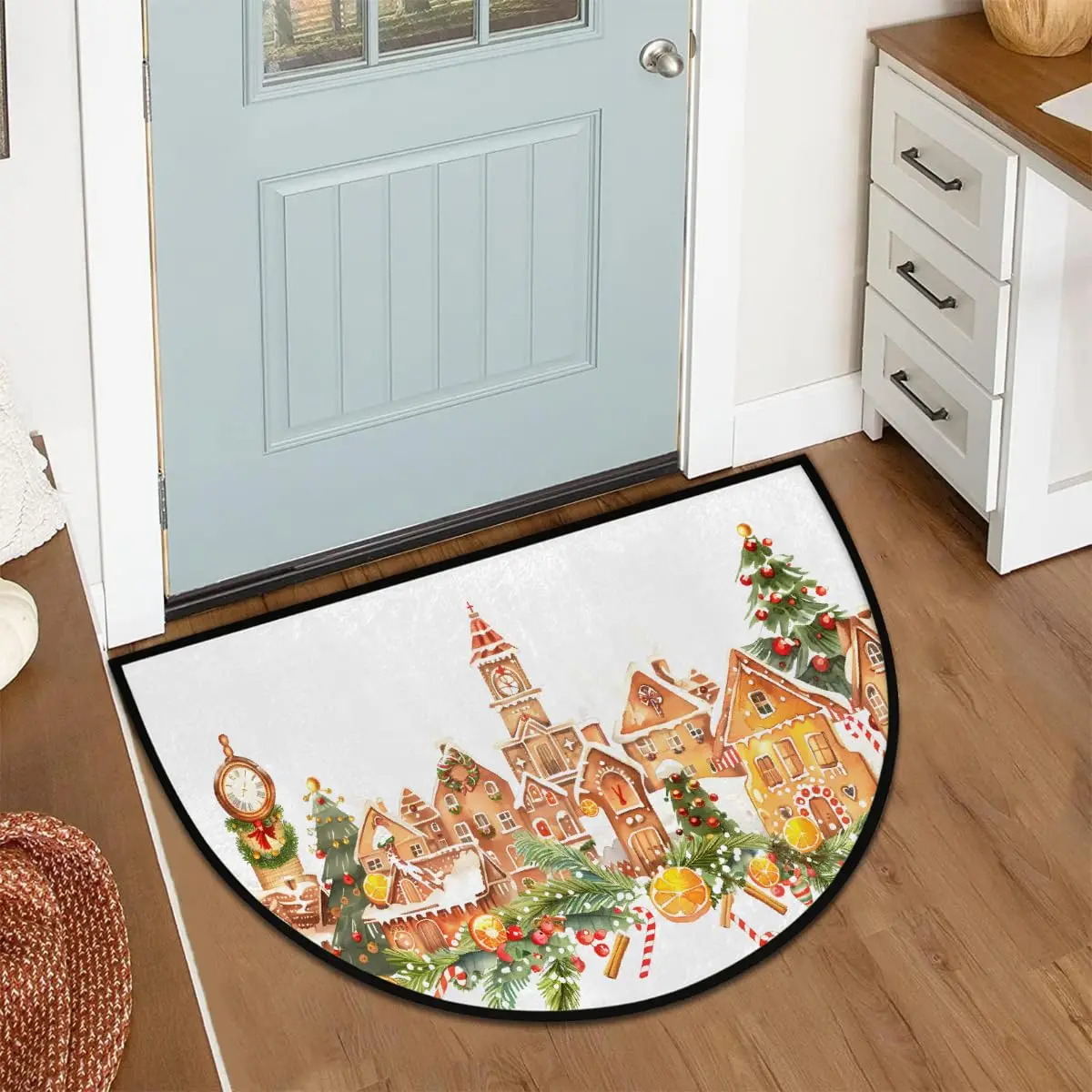 VIKAMA Gingerbread Half Round Door Mat Non-Slip Entrance Welcome Mat for Indoor Semi Circle Bathroom Floor Mats for Home Decor