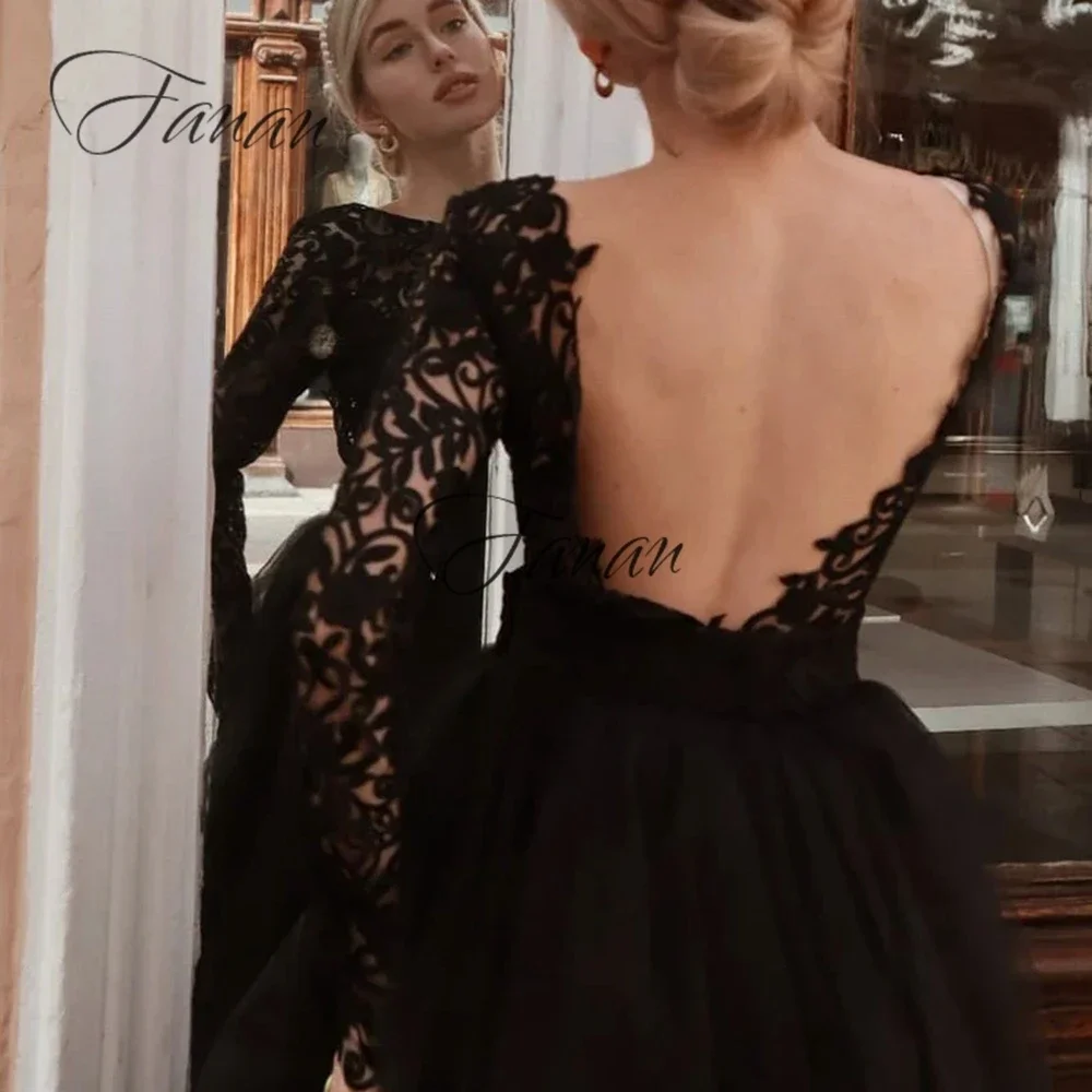 Robes de mariée noires simples avec encolure dégagée, longueur au sol, dentelle, manches longues, mariée, tout ce qui est pour les femmes, Rhd'Halloween, ligne A